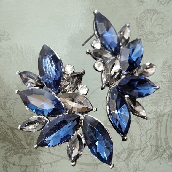 Retro Fancy Rhinestone Stud Earrings Woman's Drops Crystal Blue Cluster Dangle B - Picture 1 of 10